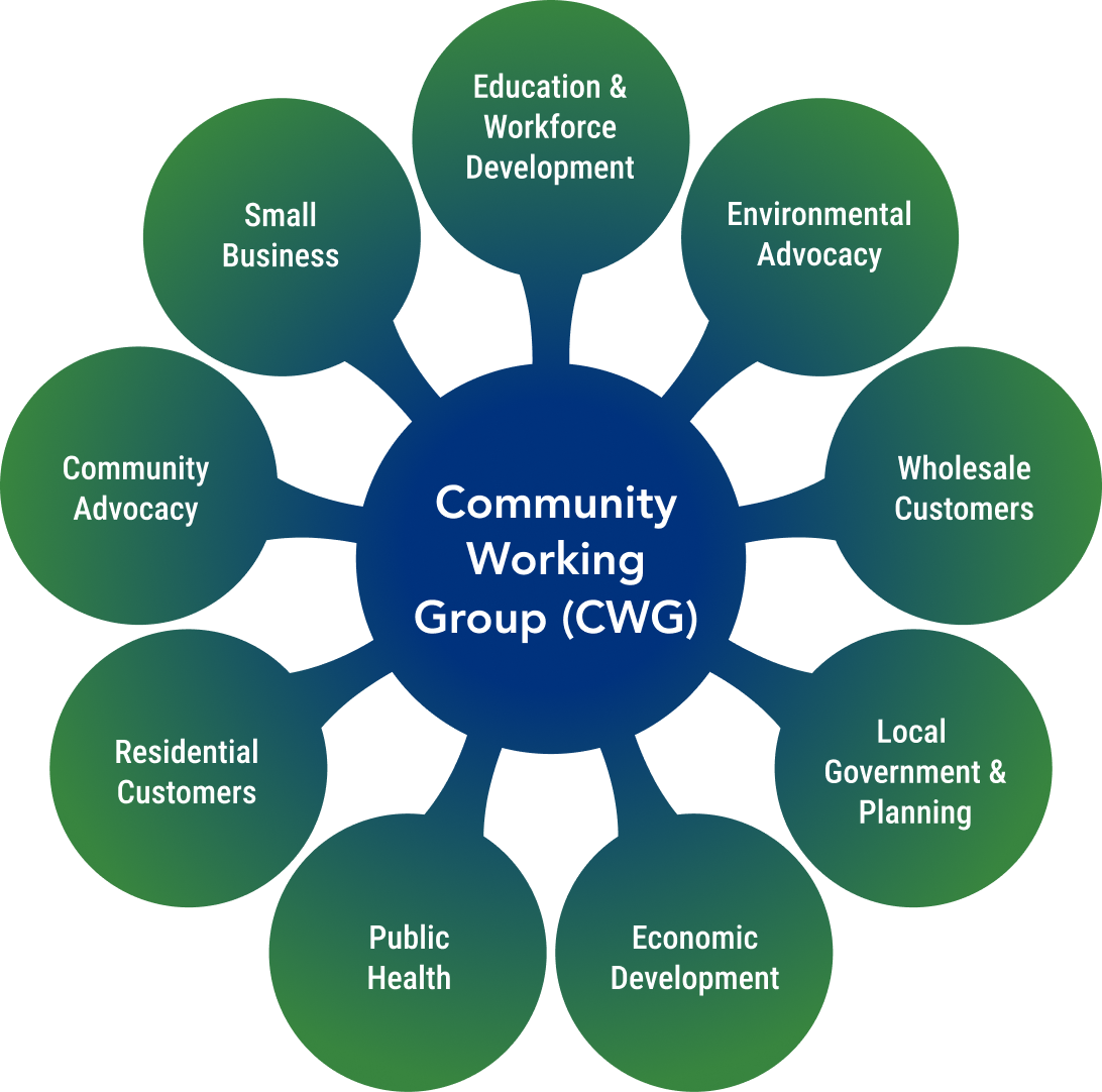 Community Working Groups (CWG): Small Business, Education & Workforce Development, Environmental Advocacy, Wholesale Customers, Local Government & Planning, Economic Development, Public Health, Residential Customers, Community Advocacy